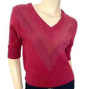 Vintage- dark maroon pink v neck metallic crop 3/4 sleeve sweater- small